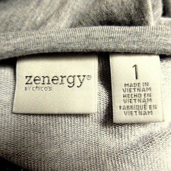 Chico's Metallic Front Hi-Low Pullover Short Sleeve Top Sz 1 S-M Gray Silver - Picture 6 of 7